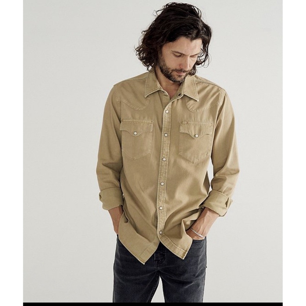 Tecovas Mens Pearl Snap Western Shirt Tan Denim Cotton Cowboy Ranch Wear L